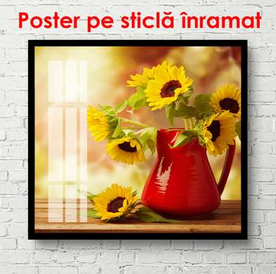 Poster - Buchet de floarea-soarelui într-o vază roșie, 100 x 100 см, Poster inramat pe sticla