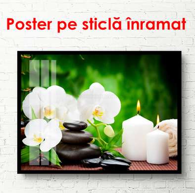 Poster - White orchids on stones on a green background, 90 x 45 см, Framed poster, Flowers