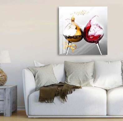 Постер - Вино в бокалах, 100 x 100 см, Постер на Стекле в раме, Еда и Напитки