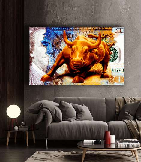 Poster - Golden bull against the background of an American banknote, 45 x 30 см, Canvas on frame, Glamour