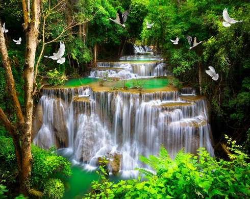 Фотообои - Водопад в зеленом лесу.