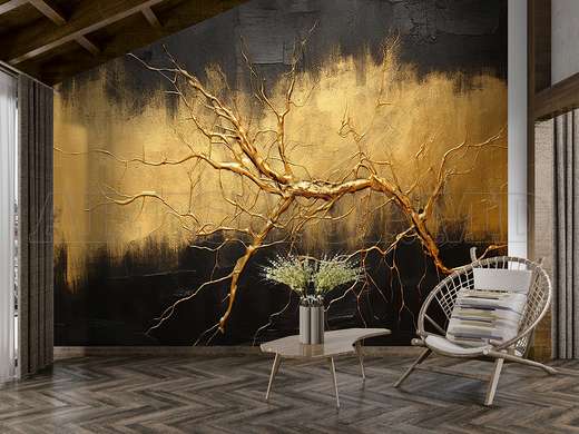 Wall mural - Golden branch on black gold abstract background