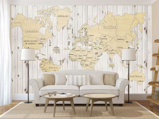 Фотообои - Карта мира на деревянной стене