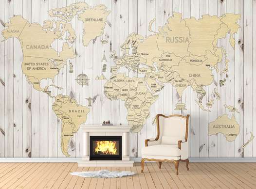Фотообои - Карта мира на деревянной стене