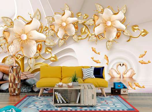 Wall Mural - Porcelain flowers with swans and goldfish