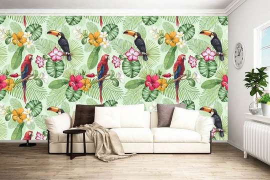 Wall Mural - Colorful parrots on green branches