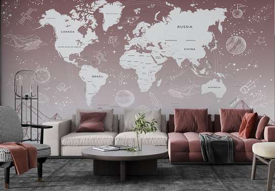 Wall mural - World map with mountains and stars in pale pink color