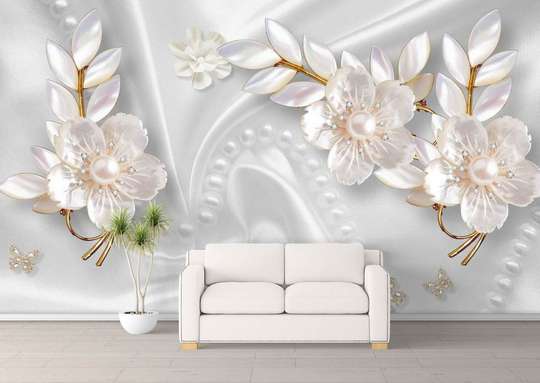 Fototapet - Flori albe pe un fundal de mătase albă