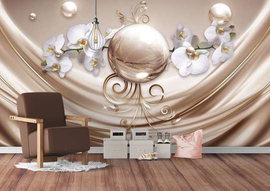 3D Wallpaper - Golden ball and white orchid on a silky brown background
