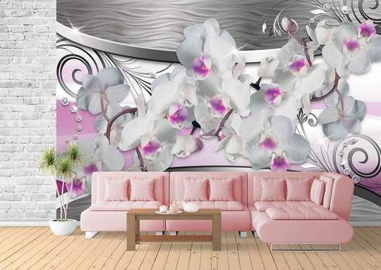 Wall Mural - White orchid on a gray background