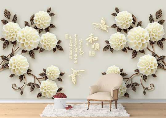 3D Wallpaper, Bouquet of white flowers on a gray background.