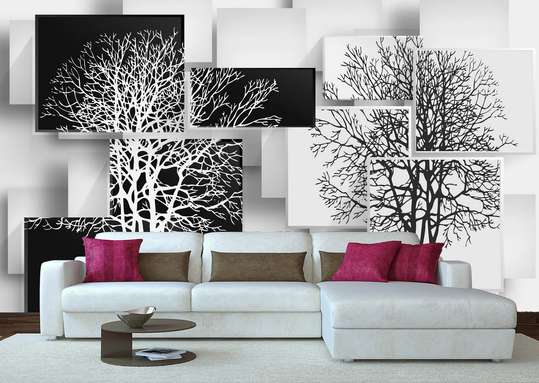 3D Wallpaper - Black and white trees on an abstract background
