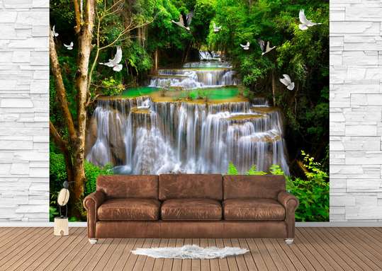 Wall Mural - Waterfall in the green forest.