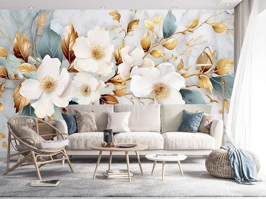 Wall mural - The branch with tender white flowers and golden elements
