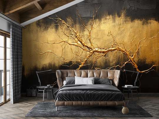 Wall mural - Golden branch on black gold abstract background