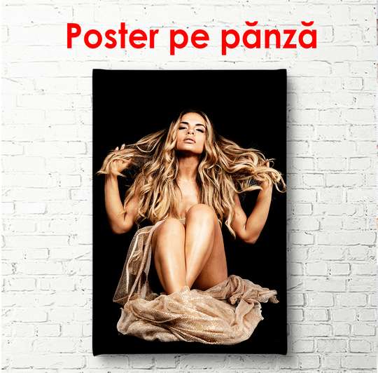 Poster - Fată pe fundal negru, 30 x 60 см, Panza pe cadru, Nude