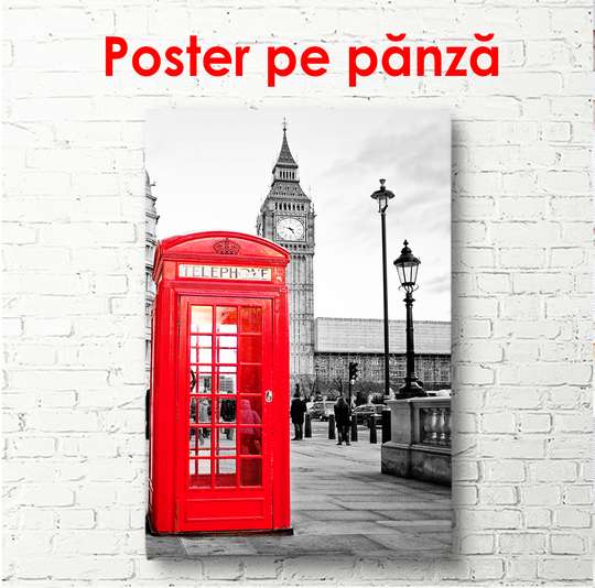 Постер - Лондонский пейзаж с красной телефонной будкой, 45 x 90 см, Постер в раме, Черно Белые