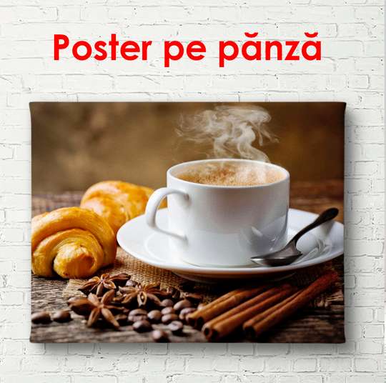 Постер - Чашка с кофе и круассаном на столе, 90 x 60 см, Постер в раме, Еда и Напитки