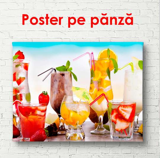 Постер - Летние коктейли на фоне пляжа, 90 x 60 см, Постер в раме