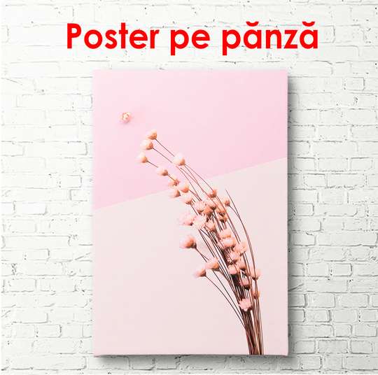 Poster - Crenguța cu flori roz pe un fundal roz, 60 x 90 см, Poster înrămat, Flori