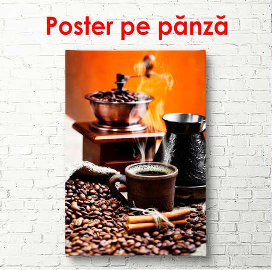 Poster - Paharul alb cu cafea fierbinte și râșnița de cafea pe fundalul portocaliu, 45 x 90 см, Poster înrămat
