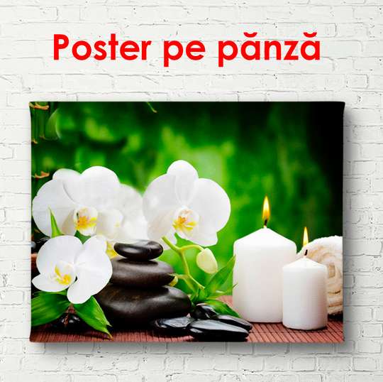 Poster - White orchids on stones on a green background, 90 x 45 см, Framed poster