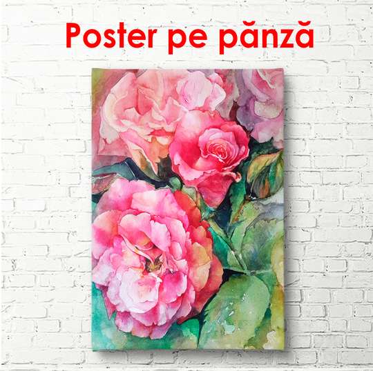 Poster - Bujori roz pe un fundal verde, 60 x 90 см, Poster înrămat, Flori