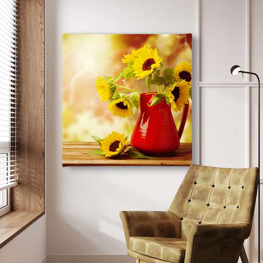Постер - Букет подсолнухов в красной вазе, 40 x 40 см, Холст на подрамнике, Натюрморт