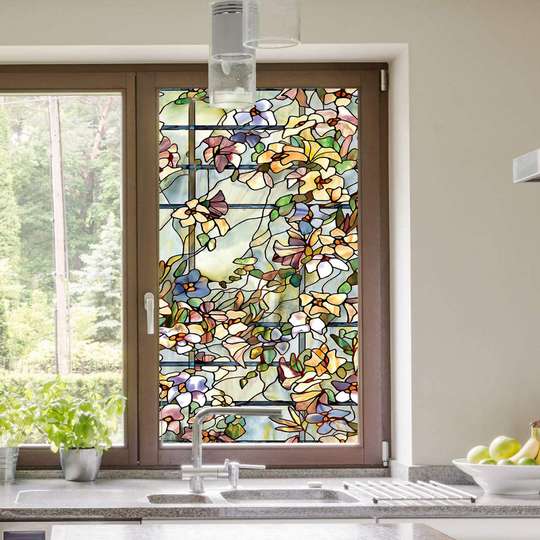 Window Privacy Film, Decorative stained glass window with multicoloured flowers, 60 x 90cm, Transparent