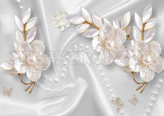 Wall Mural - White flowers on a white silk background