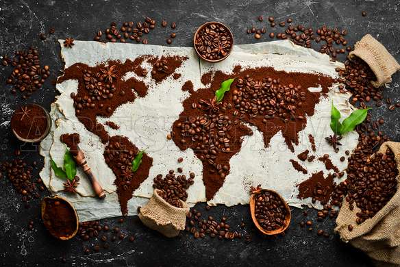 Poster - Coffee Beans in the shape of a World Map, 90 x 60 см, Framed poster on glass, Food and Drinks