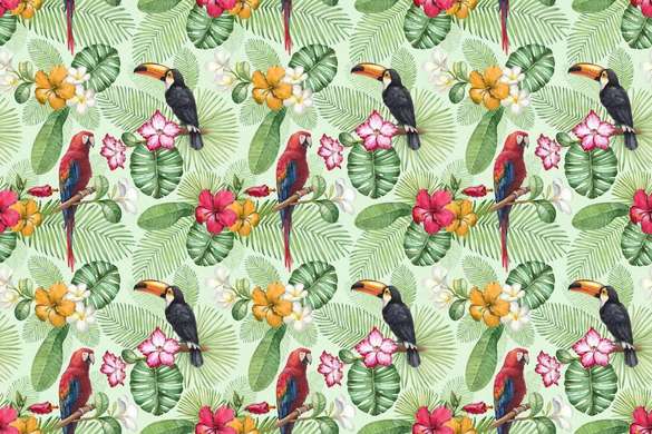 Fototapet - Papagali colorați pe crenguțe verzi