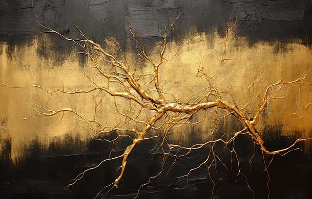 Wall mural - Golden branch on black gold abstract background