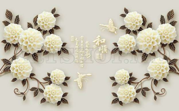 3D Wallpaper, Bouquet of white flowers on a gray background.