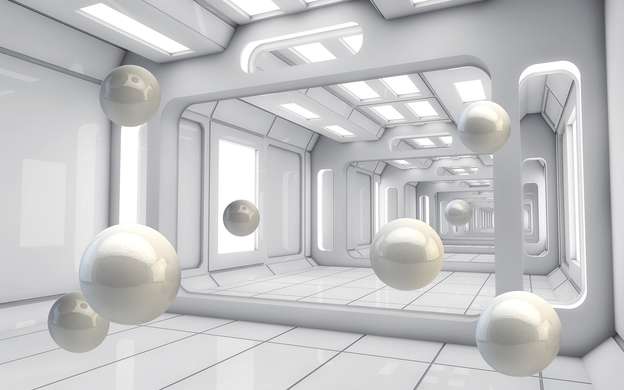 3D Wallpaper - White pearls floating in a 3D tunnel