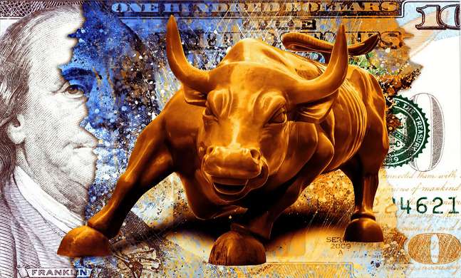 Poster - Golden bull against the background of an American banknote, 45 x 30 см, Canvas on frame