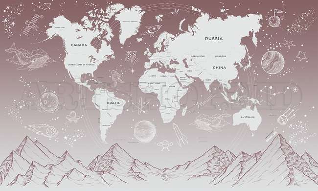 Wall mural - World map with mountains and stars in pale pink color