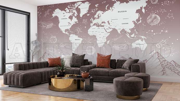 Wall mural - World map with mountains and stars in pale pink color