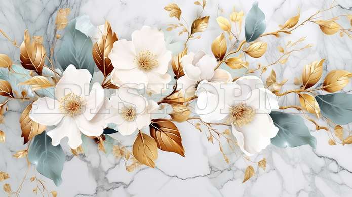 Wall mural - The branch with tender white flowers and golden elements