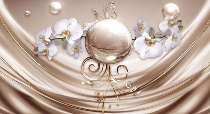 3D Wallpaper - Golden ball and white orchid on a silky brown background
