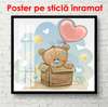 Poster - Teddy bear with a balloon in the form of a heart, 100 x 100 см, Framed poster on glass, For Kids