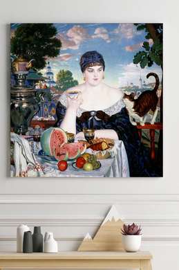 Poster - Doamnă cu pisică, 100 x 100 см, Poster inramat pe sticla