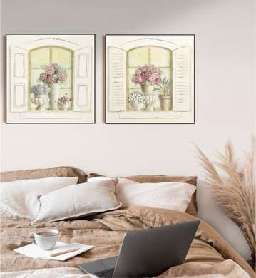 Poster - Windows with flowers, 80 x 80 см, Framed poster on glass