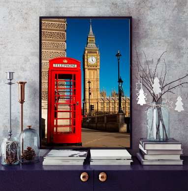 Постер - Красная телефонная будка, 60 x 90 см, Постер в раме, Города и Карты