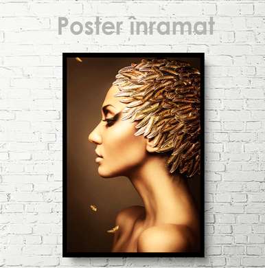 Poster - Fată cu pene aurii 1, 45 x 90 см, Poster inramat pe sticla