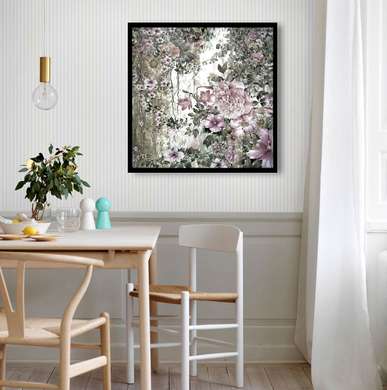 Poster - Pink flowers on the background of the botanical park, 100 x 100 см, Framed poster, Botanical