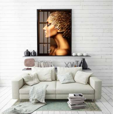 Poster - Girl with golden feathers 1, 45 x 90 см, Framed poster on glass