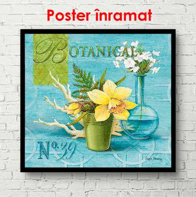 Постер - Желтый цветок на голубом фоне, 100 x 100 см, Постер в раме, Прованс