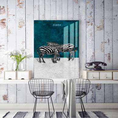 Постер, Зебры на бирюзовом фоне, 30 x 45 см, Холст на подрамнике, Животные