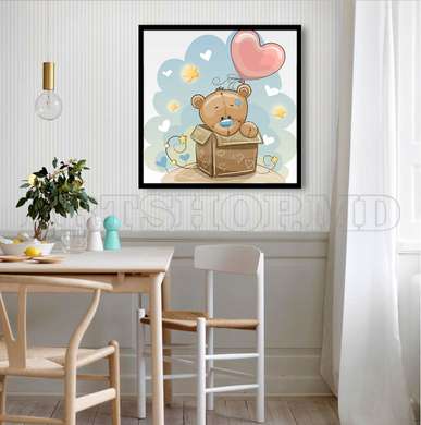 Постер - Мишка с шариком в виде сердца, 100 x 100 см, Постер в раме, Для Детей